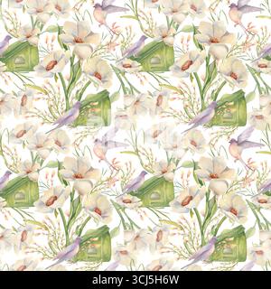 Fleurs jardin et oiseaux aquarelle modèle sans couture isolé. Anémones blanches crémeuses et hirondelle peintes à la main. Fond de répétition florale de verdure. Oiseau Banque D'Images