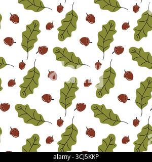 Ce motif présente un arrangement ludique de feuilles vertes et de glands bruns dispersés sur un fond blanc, parfait pour les textiles de maison ou l'artisanat Illustration de Vecteur