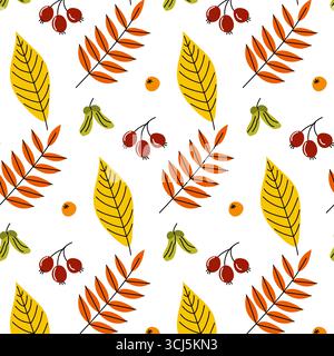 Un motif vibrant met en valeur des feuilles et des baies assorties dans des couleurs d'automne. La conception comprend des illustrations détaillées de plantes rouges, vertes et jaunes Illustration de Vecteur