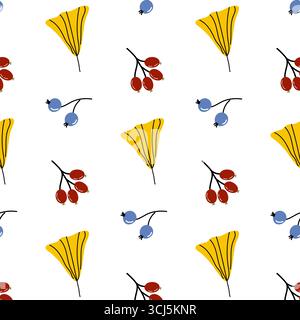 Ce design présente un motif vibrant avec des fleurs jaunes, des baies rouges et des fruits bleus dispersés sur un fond blanc, idéal pour les textiles. Illustration de Vecteur