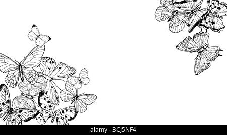 Papillons gracieux avec de belles ailes sur une carte de voeux. Illustration vectorielle. Le dessin est dans un style simple, isolé sur un fond blanc. F Illustration de Vecteur