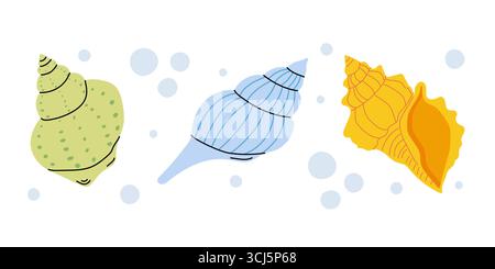 Trois coquilles colorées différentes sont côte à côte sur un fond blanc. Les couleurs des coquilles sont vert, bleu et jaune. Il y a des bulles dispersées Illustration de Vecteur