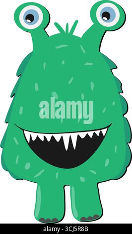 monstre à fourrure vert mignon fantaisiste avec de grands yeux googly et un large sourire, illustration vectorielle Illustration de Vecteur