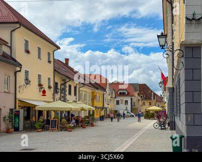 03.09.2025, Radovljica, Slowenien, Radmannsdorf ist eine Kleinstadt der Region Gorenjska nahe der Stadt Bled. AM Linhart-Platz sitzen Besucher dans les cafés. 03.09.2025, Bled 03.09.2025, Bled *** 03 09 2025, Radovljica, Slovénie, Radmannsdorf est une petite ville de la région de Gorenjska près de la ville de Bled les visiteurs s'assoient dans les cafés de la place Linhart 03 09 2025, Bled 03 09 2025, Bled Banque D'Images