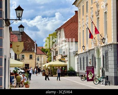 03.09.2025, Radovljica, Slowenien, Radmannsdorf ist eine Kleinstadt der Region Gorenjska nahe der Stadt Bled. AM Linhart-Platz sitzen Besucher dans les cafés. 03.09.2025, Bled 03.09.2025, Bled *** 03 09 2025, Radovljica, Slovénie, Radmannsdorf est une petite ville de la région de Gorenjska près de la ville de Bled les visiteurs s'assoient dans les cafés de la place Linhart 03 09 2025, Bled 03 09 2025, Bled Banque D'Images