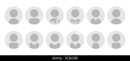 Avatar défini avec des profils d'utilisateur en niveaux de gris dans des cercles, des silhouettes neutres de genre, des icônes de personne dans un style de dessin animé plat. Parfait pour les applications, les médias sociaux, l'interface utilisateur Illustration de Vecteur