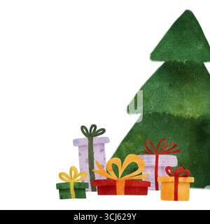 Charmant arbre de Noël aquarelle avec des cadeaux enveloppés colorés en rouge, vert, or, violet. Illustration fantaisiste pour enfants pour les vacances, cartes, inv Banque D'Images