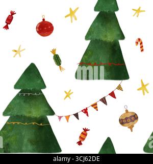Arbres de Noël aquarelles fantaisistes avec bonbons, ornements, étoiles et guirlande. Illustration joyeuse pour enfants motif sans couture pour les vacances, carte Banque D'Images