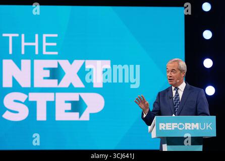 5 septembre 2025. La conférence réformiste britannique Nigel Farage présente son discours à la direction en raison de la démission de la vice-primeminister Angela Rayner. Birmingham UK photo : garyrobertsphotography crédit : GaryRobertsphotography/Alamy Live News Banque D'Images