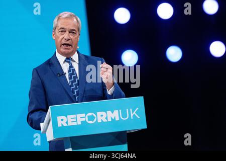 5 septembre 2025. La conférence réformiste britannique Nigel Farage présente son discours à la direction en raison de la démission de la vice-primeminister Angela Rayner. Birmingham UK photo : garyrobertsphotography crédit : GaryRobertsphotography/Alamy Live News Banque D'Images