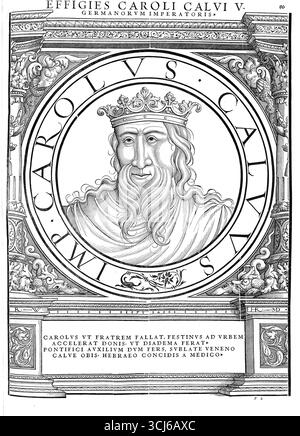 Charles II (né le 13 juin 823 à Francfort, mort le 6 octobre 877 à Avrieux près de Modane), dit Charles le Chauve, de la dynastie carolingienne, fut roi des Francs occidentaux de 843 à 877 et roi d'Italie et empereur romain germanique de 875 à 877. Reproduction authentique et restaurée numériquement à partir d'un original du XIXe siècle. Date d'enregistrement non indiquée. Banque D'Images