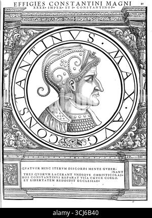 Flavius Valerius Constantinus (né le 27 février entre 270 et 288 à Naissus, Mésie supérieure, mort le 22 mai 337 en Achyrone), connu sous le nom de Constantin le Grand, dans le recensement Constantin Ier, était empereur romain de 306 à 337, reproduction authentique, restaurée numériquement d'un original du XIXe siècle, date d'enregistrement non indiquée Banque D'Images
