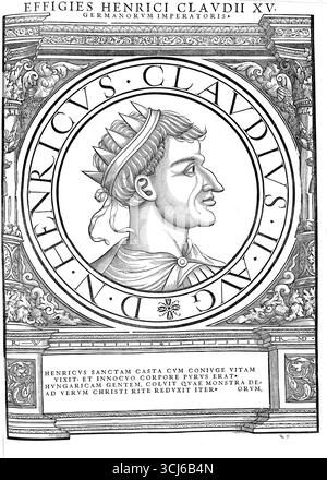 Henri II (né le 6 mai 973 ou 978 à Abbach ou Hildesheim, mort le 13 juillet 1024 à Grone), saint (depuis 1146), de la noble famille ottonienne, était Henri IV de 995 à 1004 et de nouveau de 1009 à 1017 Duc de Bavière, de 1002 à 1024 Roi de l'Empire franc oriental (regnum Francorum orientalium), de 1004 à 1024 Roi d'Italie et de 1014 à 1024 Saint empereur romain germanique, authentique, reproduction numérisée d'un original du XIXe siècle, date d'enregistrement non indiquée Banque D'Images