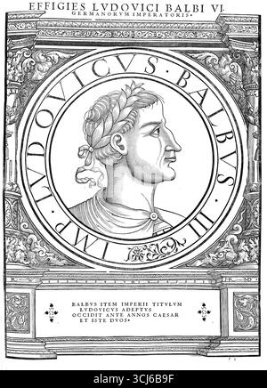 Louis II, appelé le Stammerer (né le 1er novembre 846, mort le 10 avril 879 à Compiègne), était le fils aîné et unique survivant du roi Charles II le Chauve et devint son successeur en 877. Reproduction authentique et restaurée numériquement à partir d'un original du XIXe siècle. Date d'enregistrement non indiquée. Banque D'Images