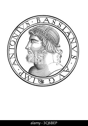 Caracalla, Lucius Septimius Bassianus (né le 4 avril 188 à Lugdunum, mort le 8 avril 217 en Mésopotamie) était empereur romain de 211 jusqu'à sa mort. Son nom impérial officiel était, en référence à l'empereur populaire Marc Aurèle sévère Antonin. Reproduction authentique et restaurée numériquement à partir d'un original du XIXe siècle. Date d'enregistrement non indiquée. Banque D'Images