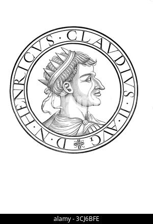Henri II (né le 6 mai 973 ou 978 à Abbach ou Hildesheim, mort le 13 juillet 1024 à Grone), saint (depuis 1146), de la noble famille ottonienne, était Henri IV de 995 à 1004 et de nouveau de 1009 à 1017 Duc de Bavière, de 1002 à 1024 Roi de l'Empire franc oriental (regnum Francorum orientalium), de 1004 à 1024 Roi d'Italie et de 1014 à 1024 Saint empereur romain germanique, authentique, reproduction numérisée d'un original du XIXe siècle, date d'enregistrement non indiquée Banque D'Images