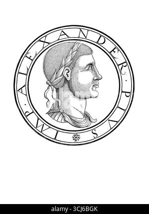 'Severus Alexandre (né le 1er octobre 208 à Arca Césarée, Arqa dans l'actuel Liban, mort en mars 235 près de Mogontiacum) était empereur romain du 13 mars 222 jusqu'à sa mort. Son nom d'origine était Bassianus Alexianus. À partir de juin 221, il s'appelait Marc Aurèle Alexandre ; en tant qu'empereur, il portait le nom de Marc Aurèle sévère Alexandre. Reproduction authentique et restaurée numériquement à partir d'un original du XIXe siècle. Date d'enregistrement non indiquée.' Banque D'Images