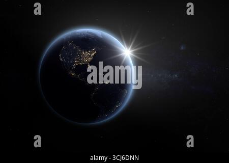 La terre la nuit depuis l'espace avec des lignes légères de communication, de connexion ou de voyage. Le système mondial de communication et le World Wide Web. Eléments de Banque D'Images