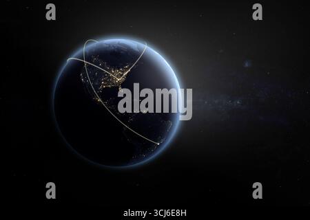 La terre la nuit depuis l'espace avec des lignes légères de communication, de connexion ou de voyage. Le système mondial de communication et le World Wide Web. Eléments de Banque D'Images