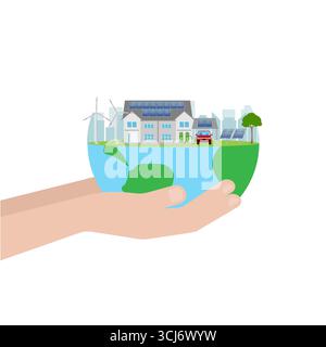 Économisez de l'énergie. Sauvez le monde. Sources d'énergie renouvelables. Énergie propre et verte alternative. Concept écologique. Illustration vectorielle. Illustration de Vecteur