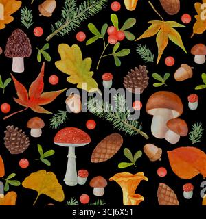 Motif d'automne sans couture avec champignons, branches de pin, épicéa, baies d'automne, cônes. Aquarelle illustration botanique dessinée à la main sur fond noir Banque D'Images