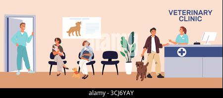 Salle de réception de la clinique pour animaux de compagnie. Les gens avec des chats et des chiens attendant de voir le médecin. Rendez-vous vétérinaire. Hall de l'hôpital vétérinaire. Réceptionniste chez le vétérinaire Illustration de Vecteur