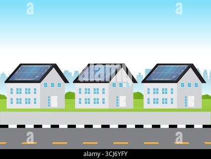 Maison avec panneau solaire sur le toit. Énergie solaire et sources d'énergie renouvelables. Énergie propre et verte. Illustration vectorielle. Illustration de Vecteur