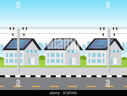Maison avec panneau solaire sur le toit avec poteau électrique et ligne électrique. Énergie solaire et sources d'énergie renouvelables. Énergie propre et verte. Illustration de Vecteur