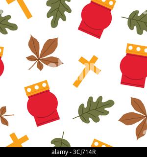 Toussaint’ Day et All Souls’ Day modèle sans couture avec lanterne de bougie commémorative de cimetière, croix et feuilles d'automne ; symbole du souvenir, du chagrin et Illustration de Vecteur