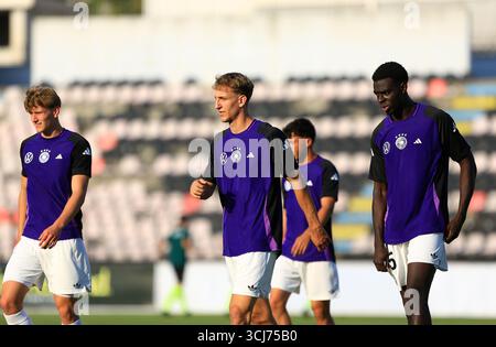 Elbasan, Albanie. 05th Sep, 2025. Football, U21 hommes : matches internationaux, Albanie - Allemagne : échauffement des joueurs allemands. Crédit : Nderim Kaceli/dpa/Alamy Live News Banque D'Images