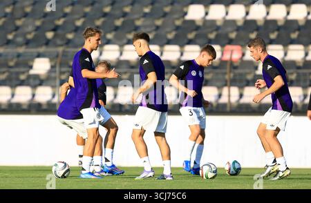 Elbasan, Albanie. 05th Sep, 2025. Football, U21 hommes : matches internationaux, Albanie - Allemagne : échauffement des joueurs allemands. Crédit : Nderim Kaceli/dpa/Alamy Live News Banque D'Images
