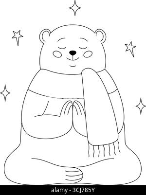 Un joli doodle noir et blanc minimaliste d'un ours méditant dans une écharpe avec des étoiles. Illustration de Vecteur