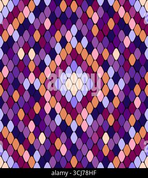 motif abstrait sans couture ressemblant à des écailles de serpent, avec des formes carrées colorées dans les tons de violet, rose et orange. Illustration de Vecteur