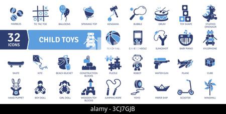 Icônes jouets enfants : temps de jeu et plaisir de l'enfance. Jouets classiques et modernes, y compris les jouets de plein air Illustration de Vecteur