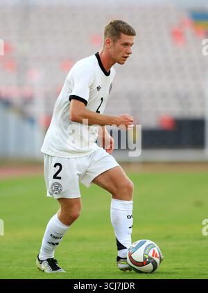 Elbasan, Albanie. 05th Sep, 2025. Football, U21 hommes : matches internationaux, Albanie - Allemagne : Elias Baum contrôle le ballon. Crédit : Nderim Kaceli/dpa/Alamy Live News Banque D'Images