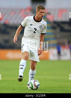 Elbasan, Albanie. 05th Sep, 2025. Football, U21 hommes : matches internationaux, Albanie - Allemagne : Elias Baum contrôle le ballon. Crédit : Nderim Kaceli/dpa/Alamy Live News Banque D'Images