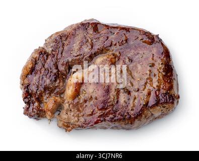 steak de bœuf juteux fraîchement grillé isolé sur fond blanc, vue de dessus Banque D'Images