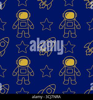 Modèle vectoriel sans couture avec des astronautes à contour doré, des fusées et des étoiles sur un fond bleu foncé, parfait pour les enfants textiles ou les conceptions à thème spatial Illustration de Vecteur