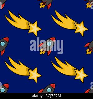 Motif vectoriel sans couture avec des fusées ludiques et des étoiles filantes sur un fond bleu profond, idéal pour les projets textiles ou spatiaux pour enfants. Illustration de Vecteur