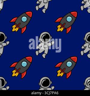 Modèle vectoriel sans couture avec de mignons astronautes de bande dessinée et des fusées volant à travers un espace bleu profond, parfait pour les enfants textile, papier d'emballage, ou Illustration de Vecteur