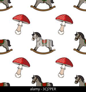 Modèle vectoriel sans couture avec de charmantes illustrations de chevaux à bascule et de champignons agariques mouches, créant un design fantaisiste et ludique parfait f Illustration de Vecteur