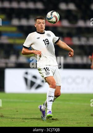 Elbasan, Albanie. 05th Sep, 2025. Football, U21 hommes : matches internationaux, Albanie - Allemagne : Dzenan (Allemagne) contrôle le ballon. Crédit : Nderim Kaceli/dpa/Alamy Live News Banque D'Images