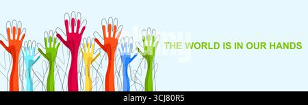 Responsabilité écologique. Illustration avec les mains et le texte que le MONDE EST ENTRE NOS MAINS sur fond bleu Banque D'Images