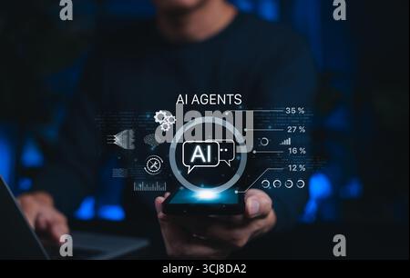 Concept d'agents AI et de technologie d'analyse de données. La personne tient un smartphone avec des icônes IA et des analyses de données représentant un chatbot d'intelligence artificielle Banque D'Images