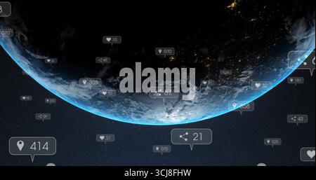 Globe terrestre montrant un horizon éclairé dans l'espace extra-atmosphérique, avec des badges similaires, des badges d'épingle, des badges partagés et des badges de contre-plan Banque D'Images