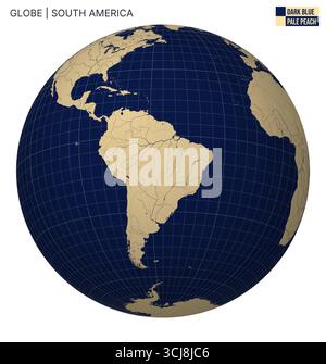 Vecteur Globe centré sur l'Amérique du Sud. Palette Peach bleu foncé pâle. Carte du monde avec méridiens, parallèles, pays, rivières et lacs. Illustration de Vecteur