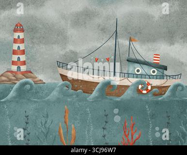 Une illustration charmante et artistique mettant en vedette un bateau chevauchant les vagues près d'un phare sous un ciel sombre. Modèle de composition dessiné à la main pour une illustration de carte postale ou de livre. Banque D'Images