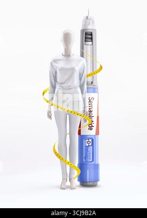 Médicament de perte de poids, illustration conceptuelle. Femme et stylo pré-rempli de semaglutide médicament utilisé pour la gestion du diabète et la perte de poids enveloppé dans un ruban à mesurer. Banque D'Images