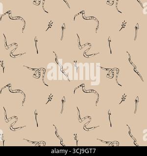 Motif dessiné à la main avec des champignons serpents et des brindilles design sans couture pour papier peint textile en tissu et papeterie. Illustration de Vecteur
