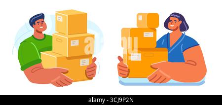 Concept de livraison de colis et de service logistique. Service de messagerie. E-commerce, achats en ligne, distribution de colis Illustration de Vecteur